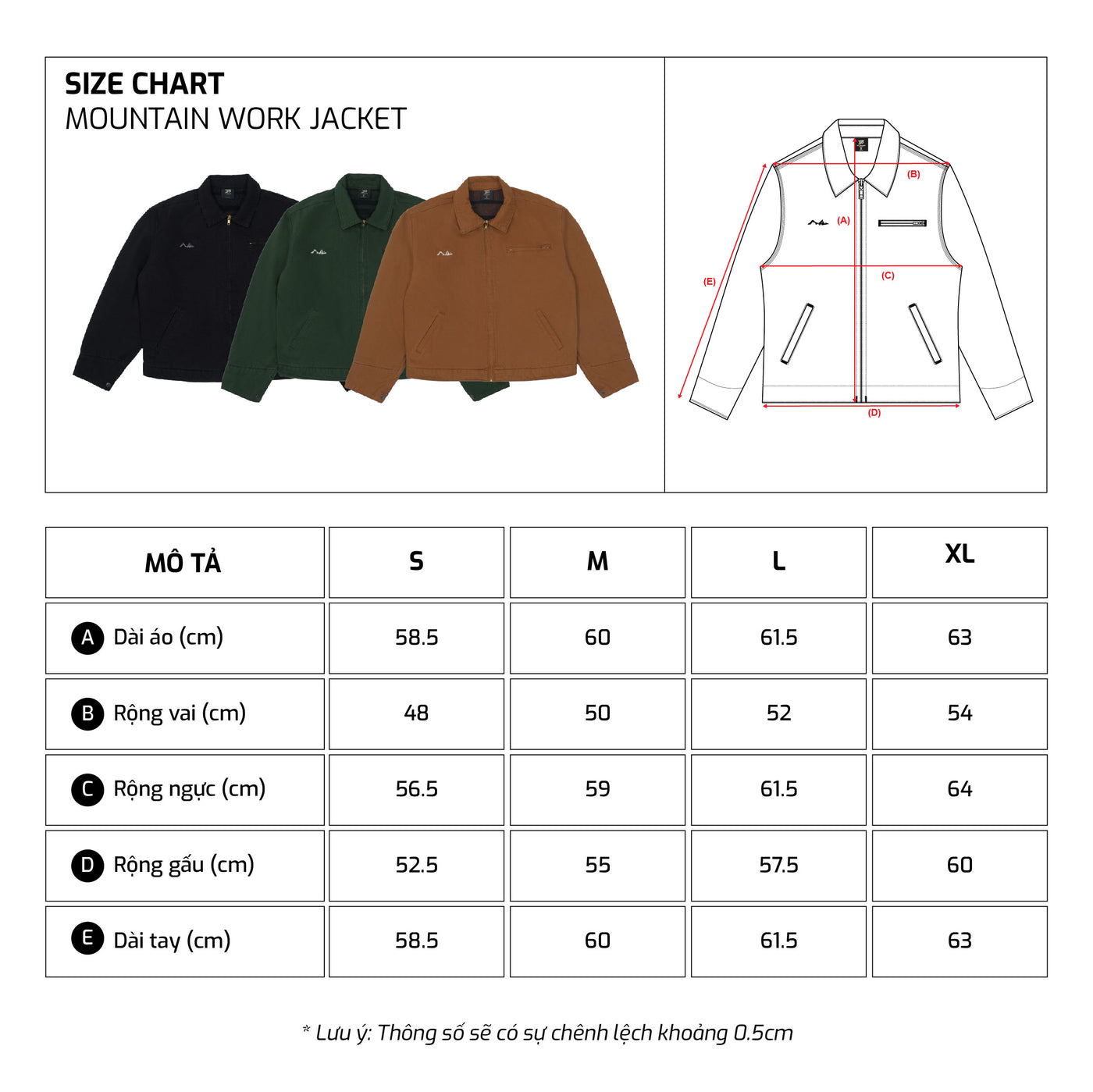 Bảng size – TJO Mountain Work Jacket