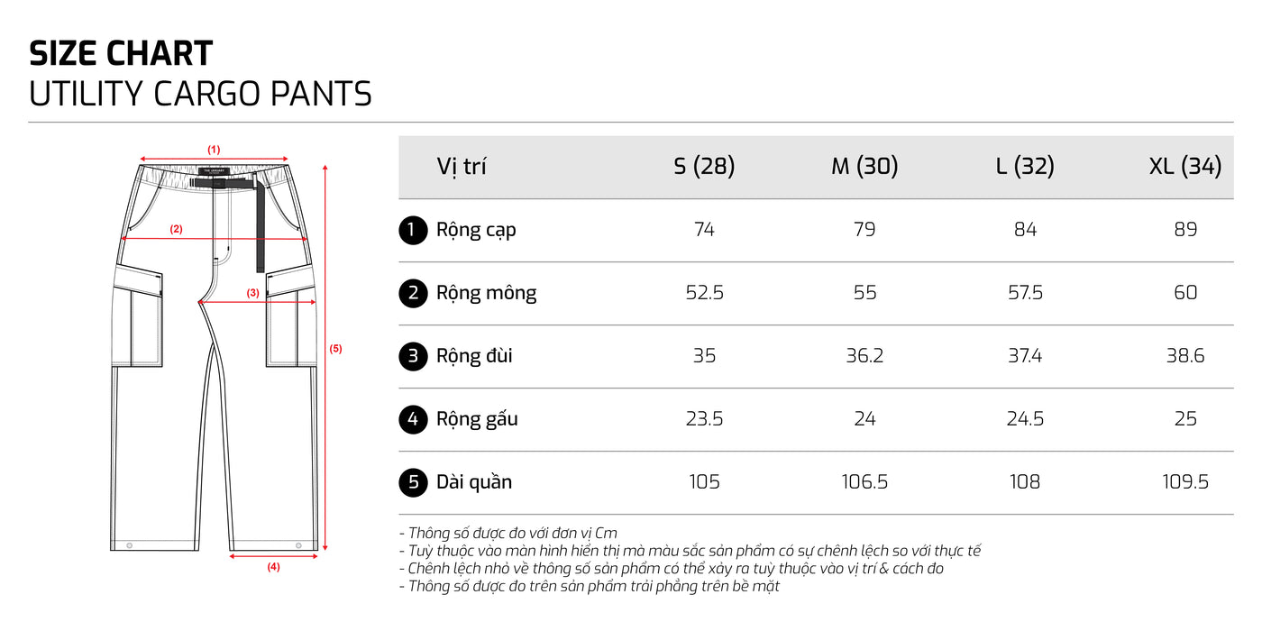 Bảng size – TJO Utility Cargo Pants