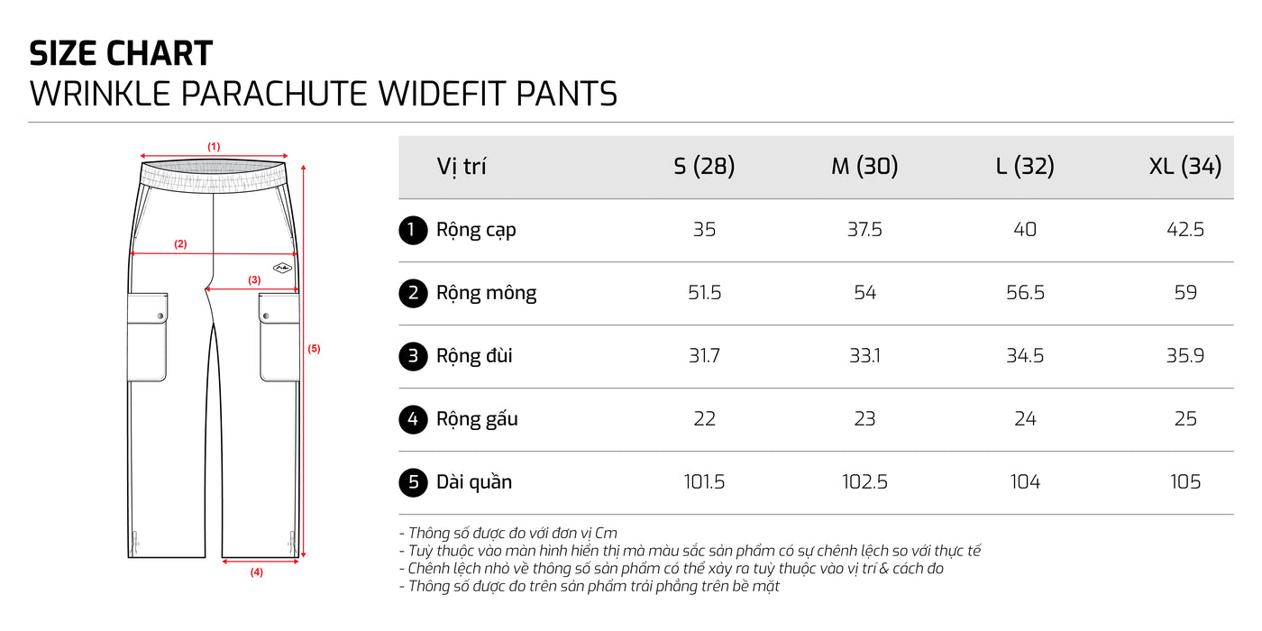 Bảng size – TJO Wrinkle Parachute Widefit Pants