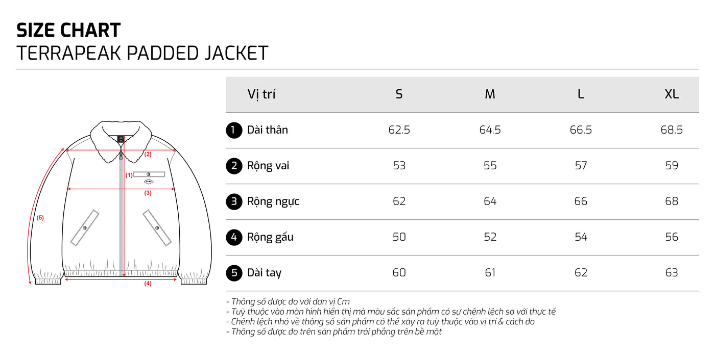 Bảng size – TJO Terrapeak Padded Jacket