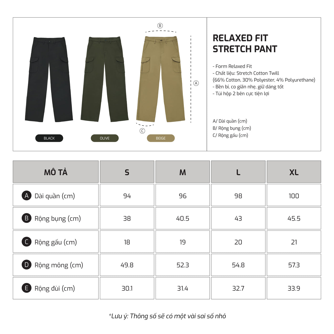 Bảng size – TJO Relaxed Fit Stretch Pant