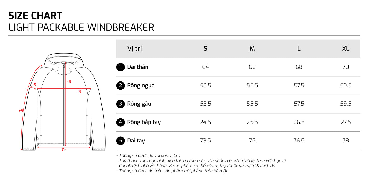 Bảng size – TJO Light Packable Windbreaker