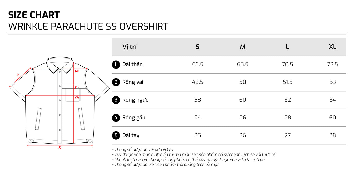 Bảng size – TJO Wrinkle Parachute SS Overshirts