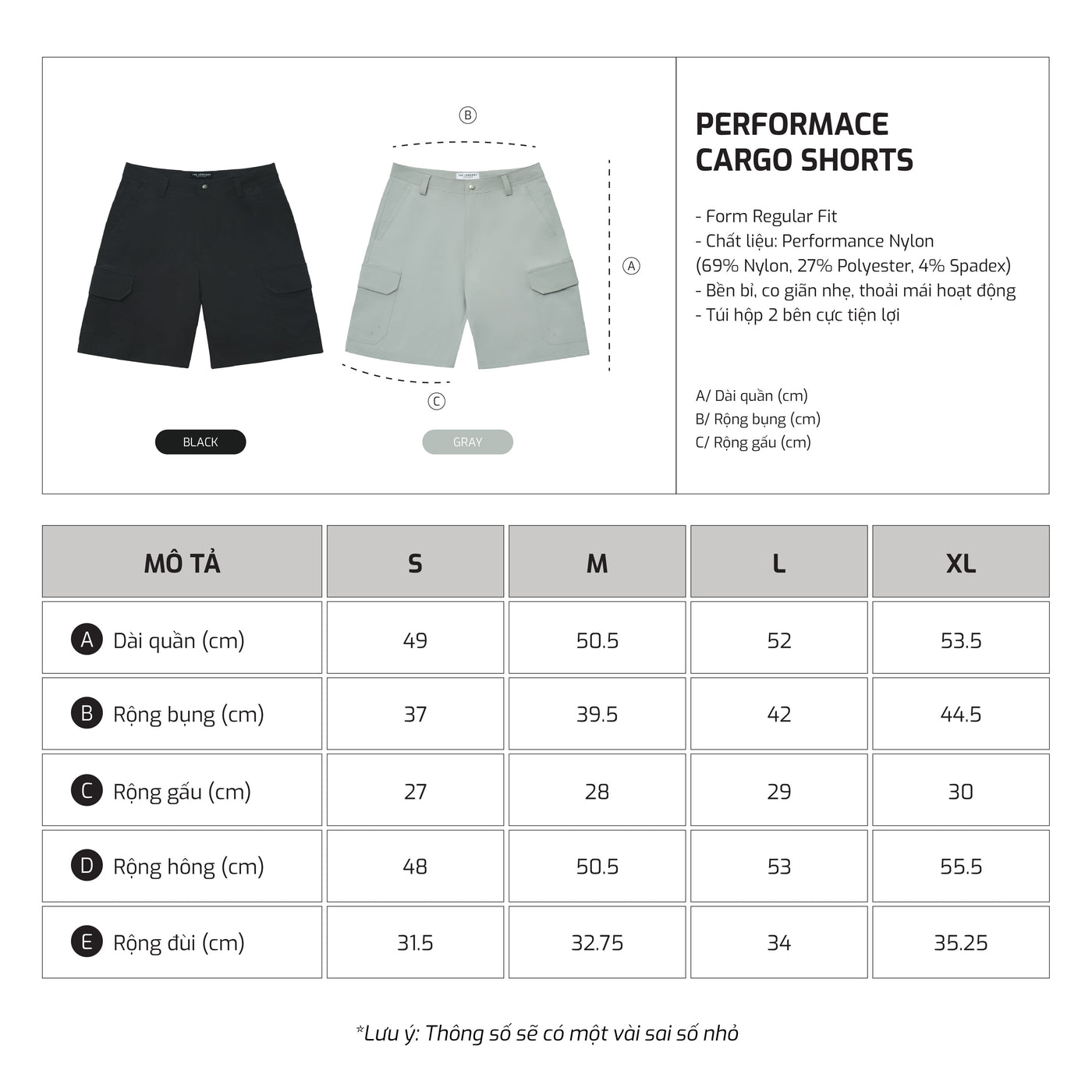 Bảng size – TJO Performance Cargo Short