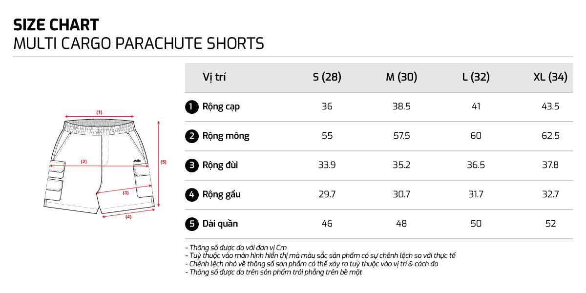 Bảng size – TJO Multi Cargo Parachute Shorts