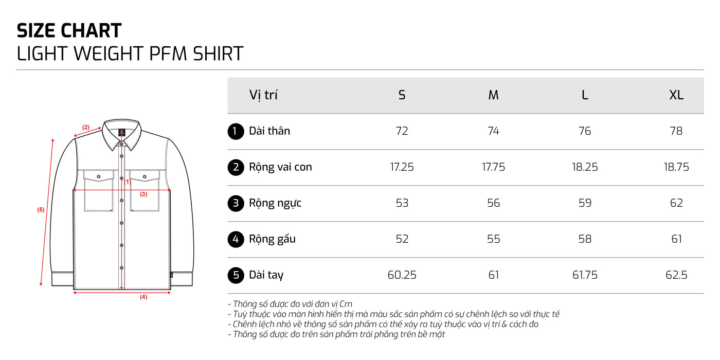 Bảng size – TJO Light Weight PFM Shirt LS
