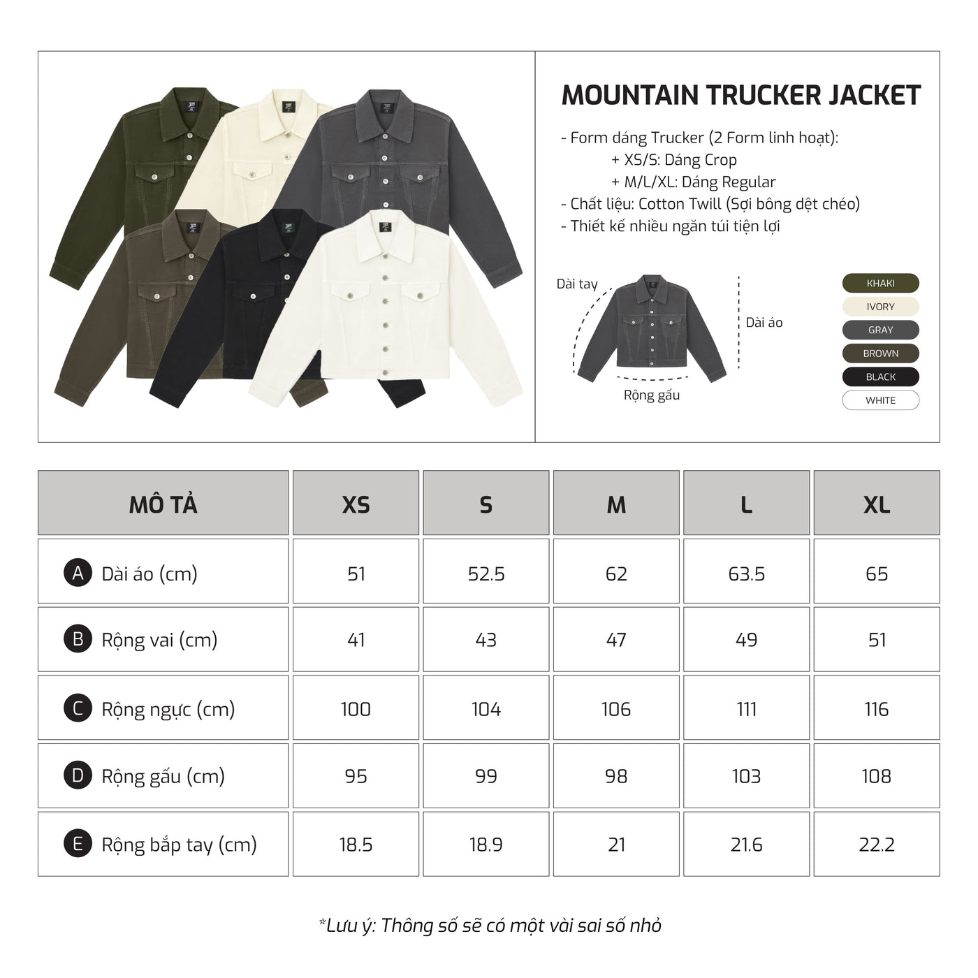 Bảng size – TJO Mountain Trucker Jacket