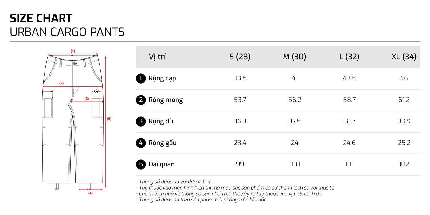 Bảng size – TJO Urban Cargo Pants