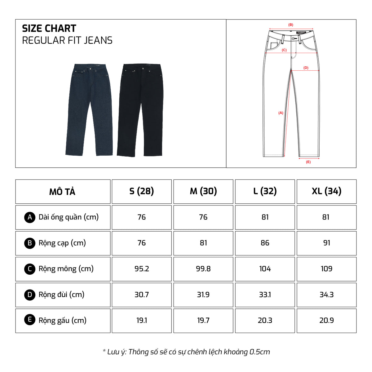 Bảng size – TJO Regular Fit Jeans
