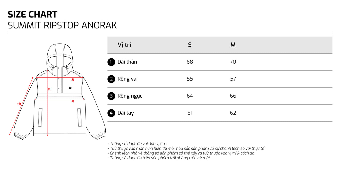 Bảng size – TJO Summit Ripstop Anorak