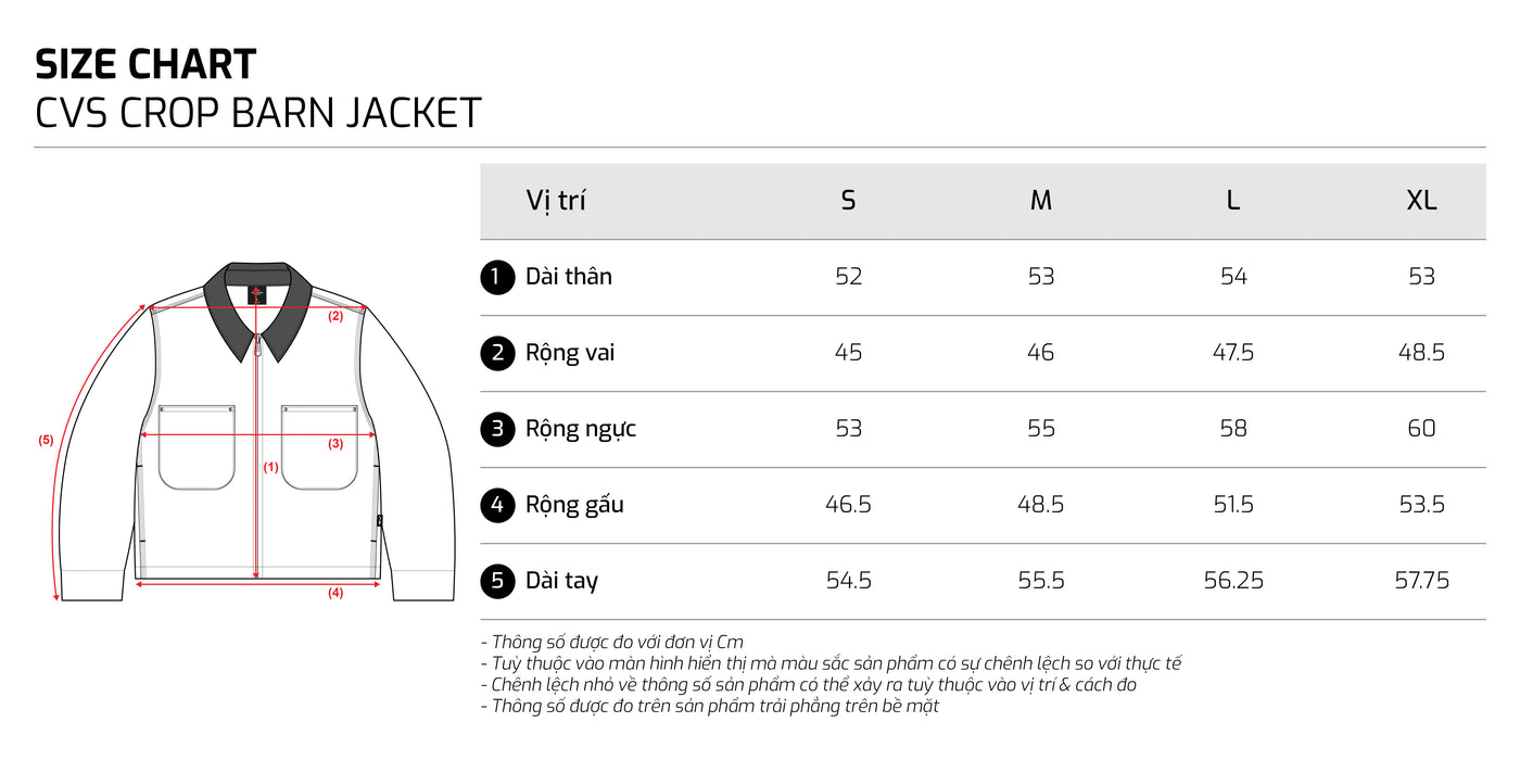 Bảng size – TJO CVS Crop Barn Jacket