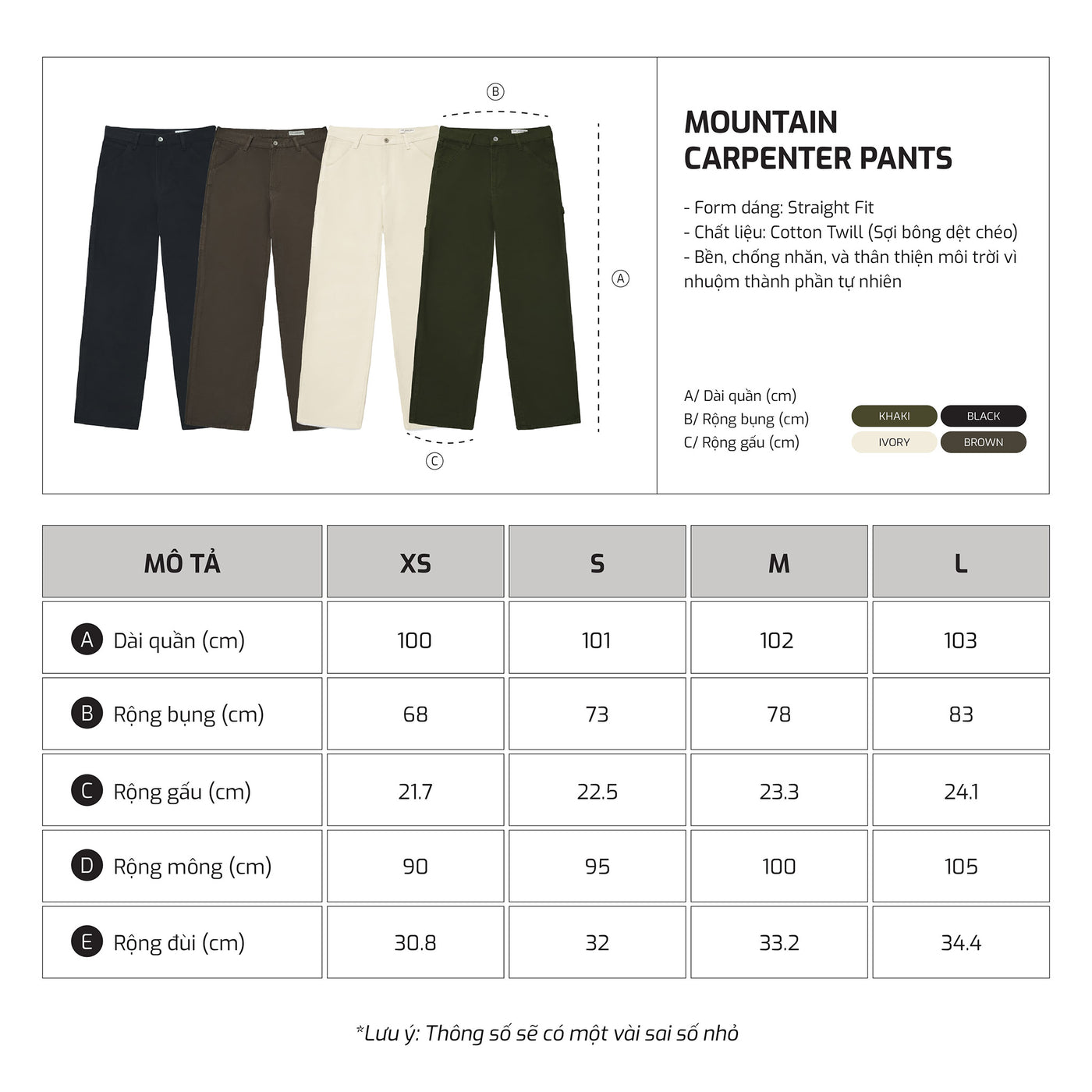 Bảng size – TJO Mountain Carpenter Pant
