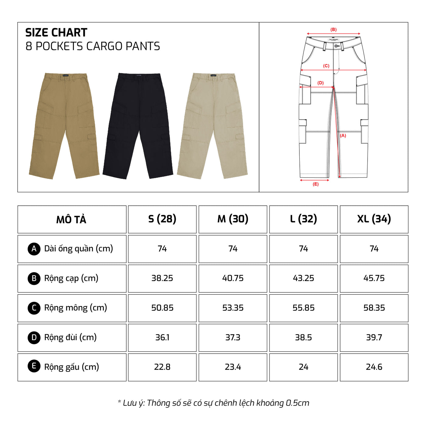 Bảng size – TJO 8 Pockets Cargo Pant