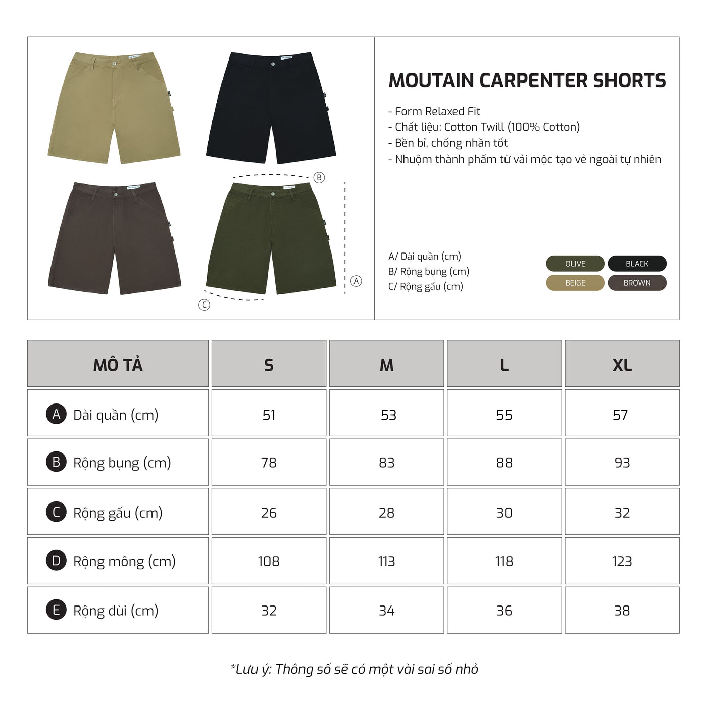 Bảng size – TJO Mountain Carpenter Short
