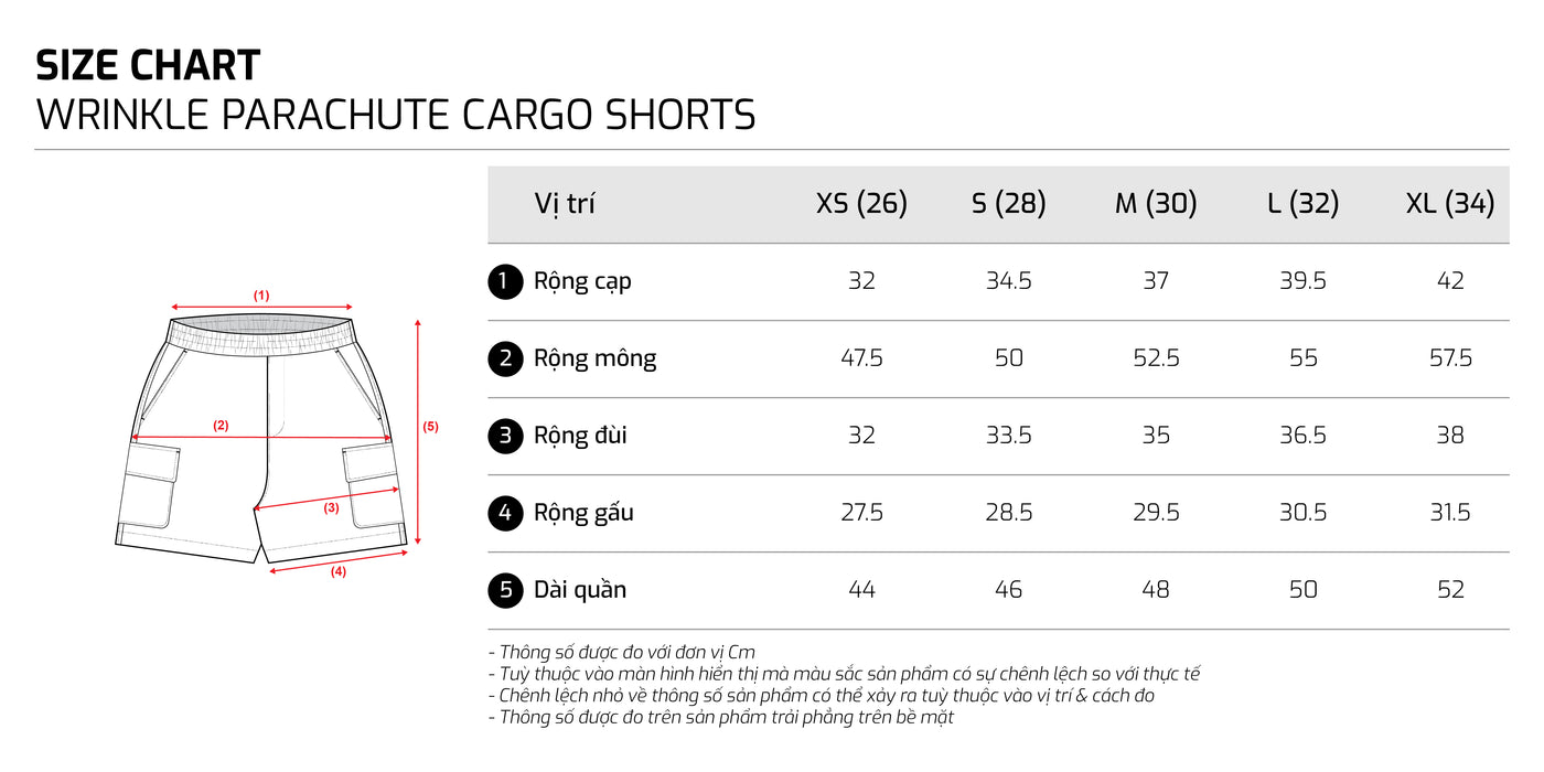 Bảng size – TJO Wrinkle Parachute Cargo Shorts