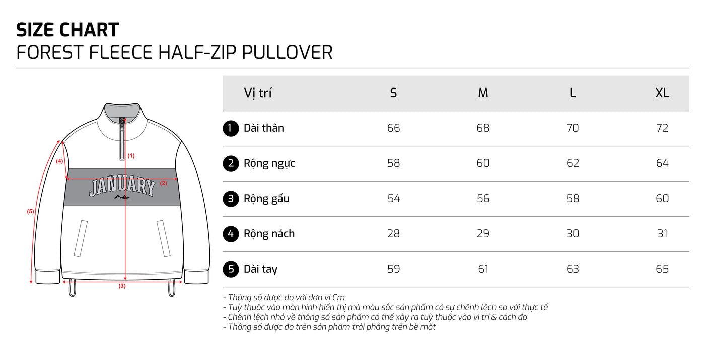 Bảng size – TJO Forest Fleece Half-zip Pullover
