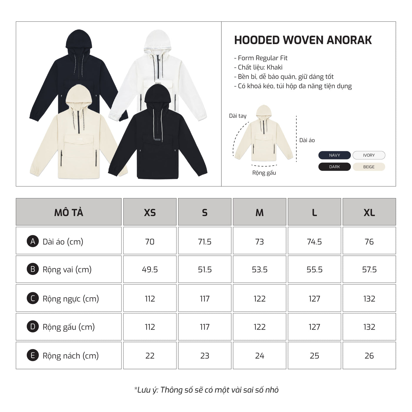Bảng size – TJO Hooded Woven Anorak