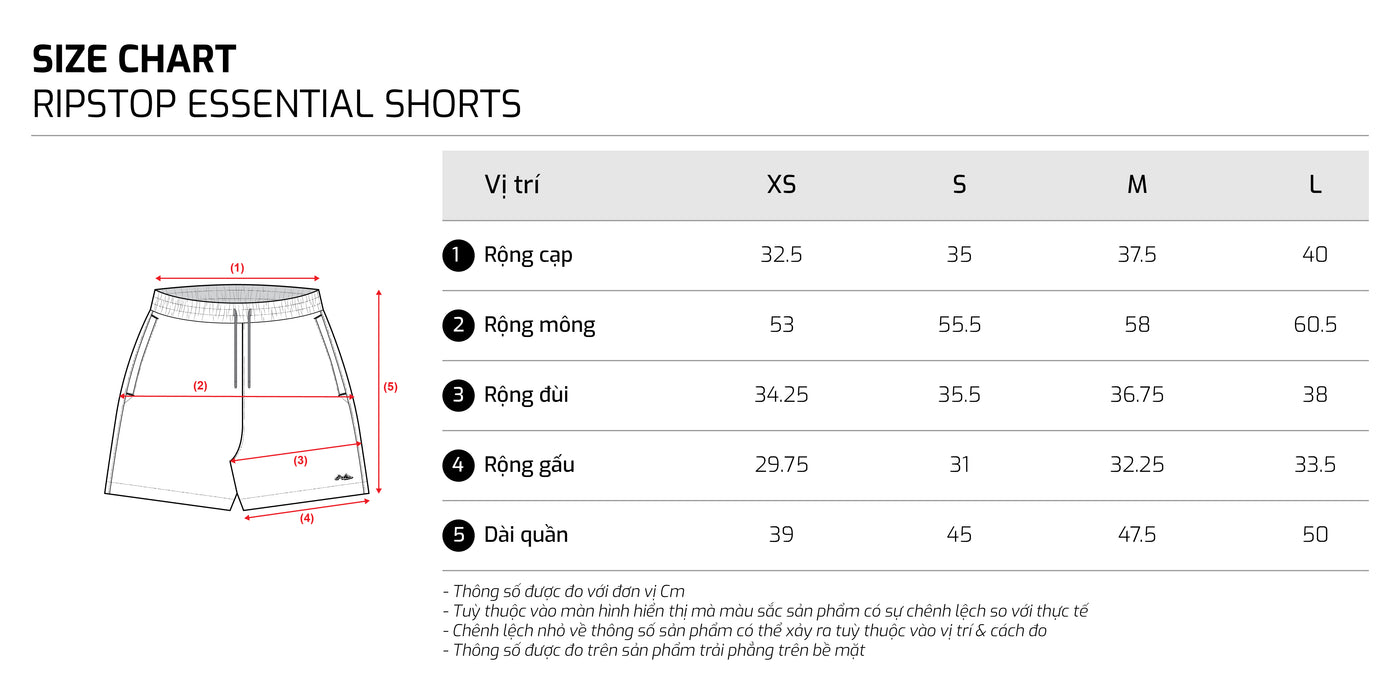 Bảng size – TJO Ripstop Essential Shorts