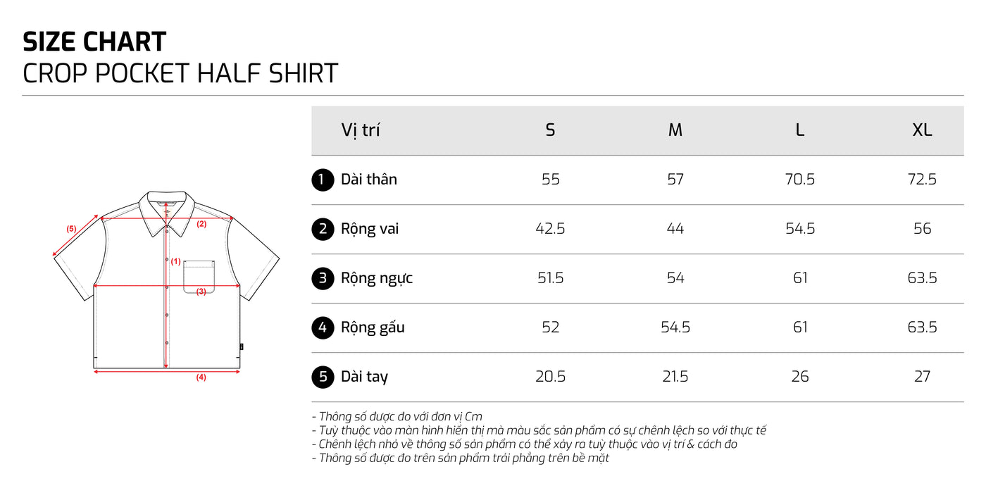 Bảng size – TJO Crop Pocket Half Shirts